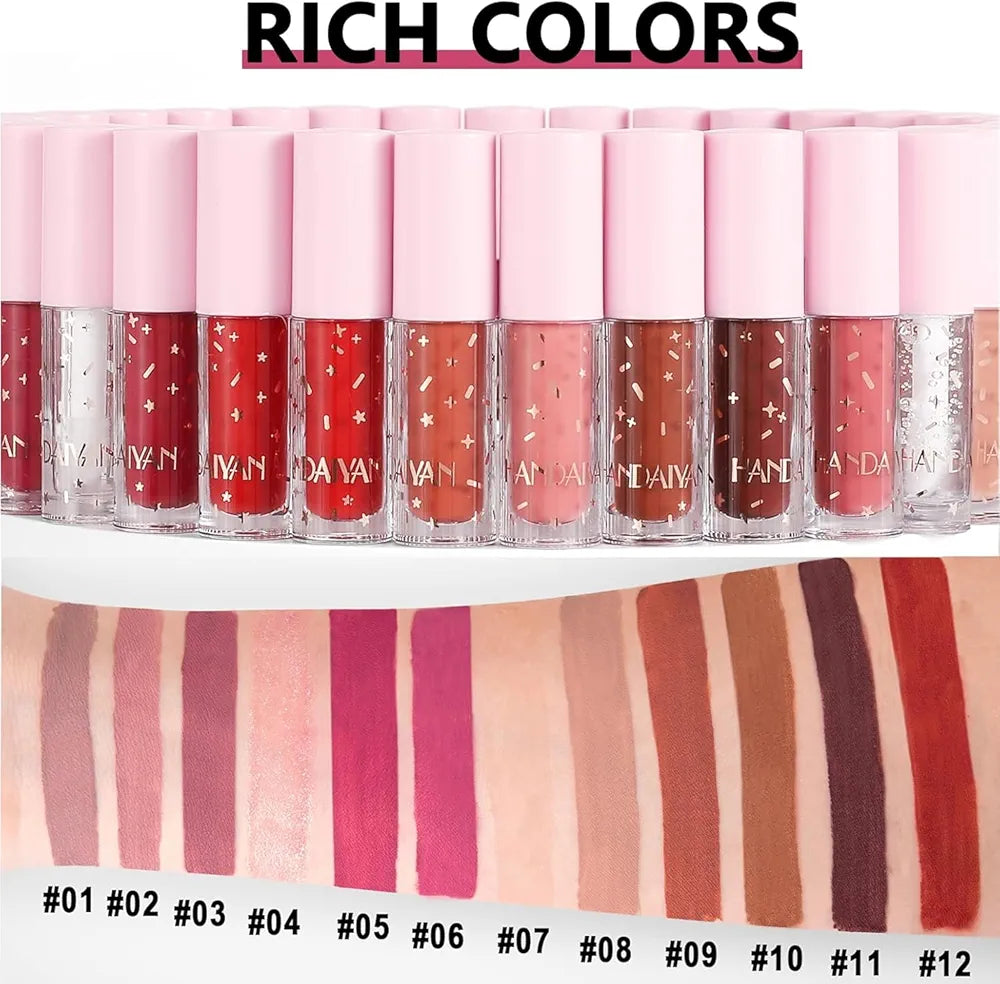 My Handaiyan 12-Color Liquid Lipstick Set – Glittering Matte & Glossy Finish, Highly Pigmented, Waterproof, Smudge-Proof, Long-Lasting 24-Hour Stay, Quick-Drying & Non-Sticky Formula, Nude & Multicolor Shades, Perfect Gift for Women. (2.5ml x 12)
