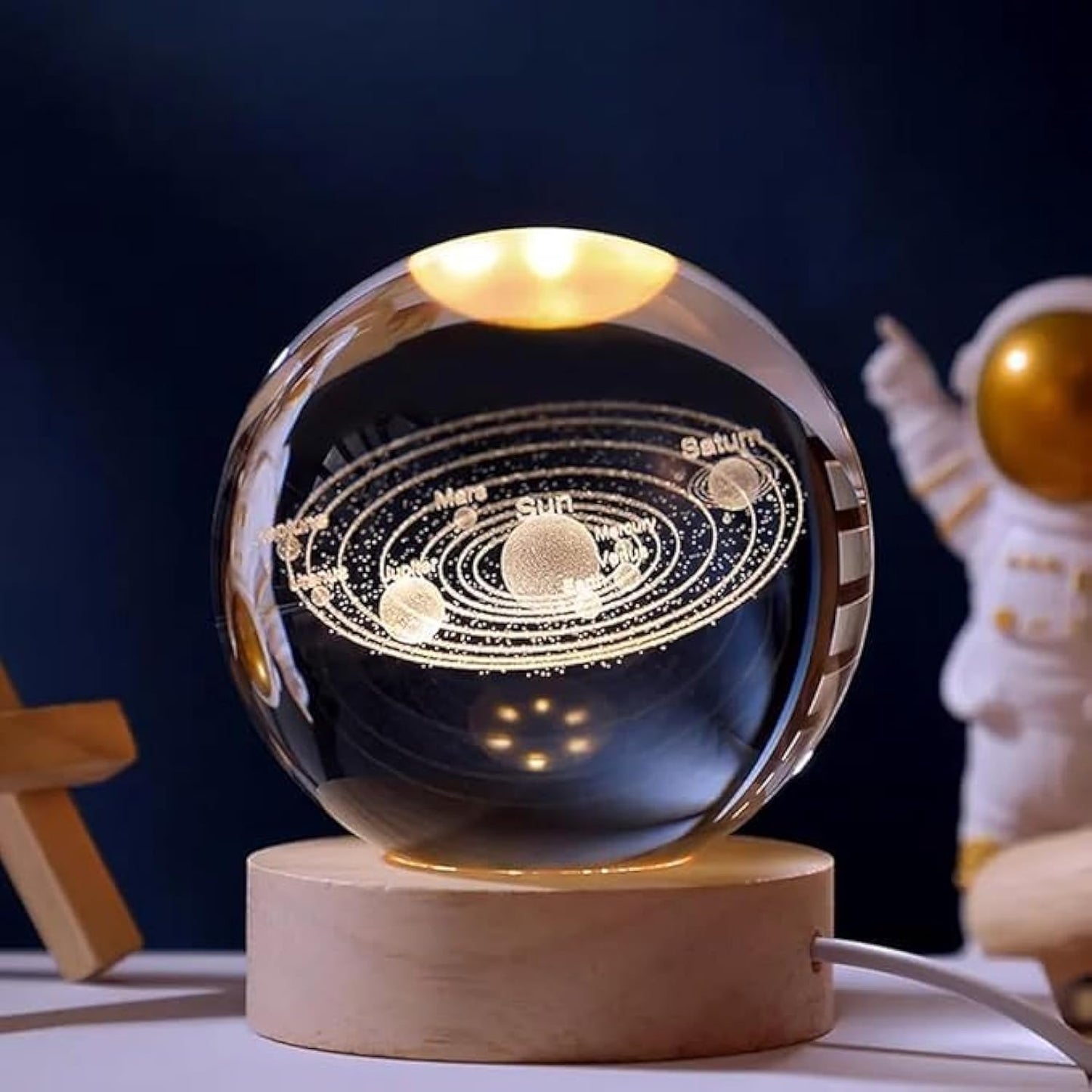 3D Planet Crystal Ball Night Lamp | Solar System LED Light with USB-Powered Glow and Elegant Wooden Base | Unique Home Décor and Perfect Gift for Birthdays, Christmas, Teens, Men, Women, Kids, Boys, and Girls.