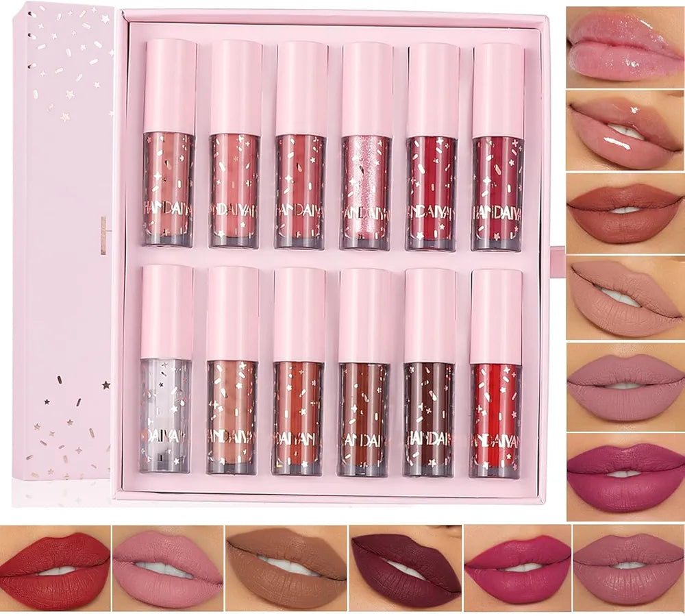 My Handaiyan 12-Color Liquid Lipstick Set – Glittering Matte & Glossy Finish, Highly Pigmented, Waterproof, Smudge-Proof, Long-Lasting 24-Hour Stay, Quick-Drying & Non-Sticky Formula, Nude & Multicolor Shades, Perfect Gift for Women. (2.5ml x 12)