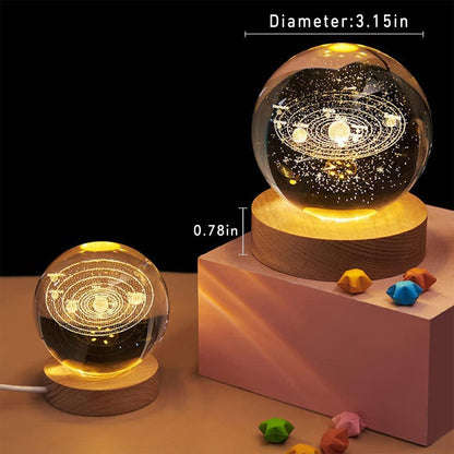 3D Planet Crystal Ball Night Lamp | Solar System LED Light with USB-Powered Glow and Elegant Wooden Base | Unique Home Décor and Perfect Gift for Birthdays, Christmas, Teens, Men, Women, Kids, Boys, and Girls.