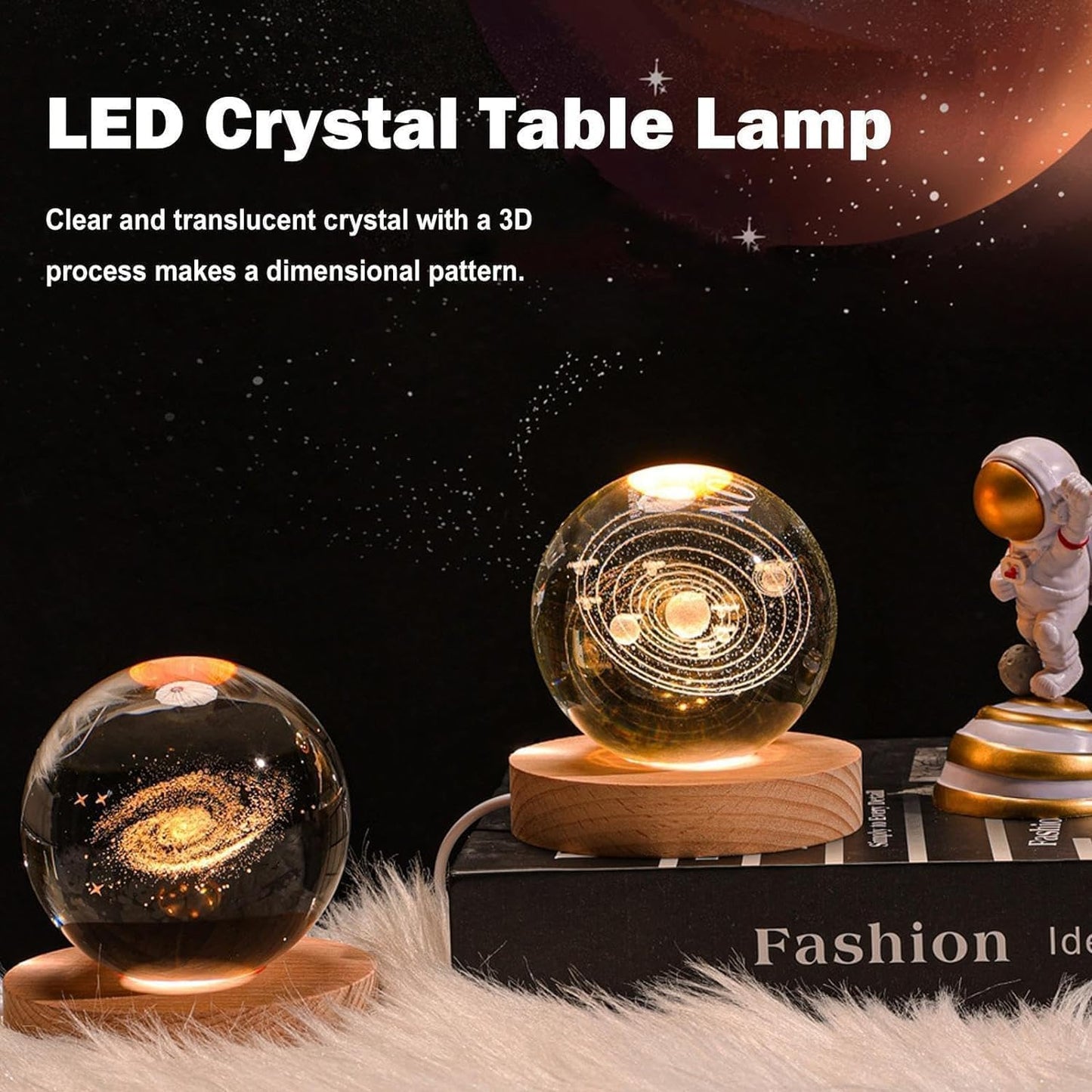 3D Planet Crystal Ball Night Lamp | Solar System LED Light with USB-Powered Glow and Elegant Wooden Base | Unique Home Décor and Perfect Gift for Birthdays, Christmas, Teens, Men, Women, Kids, Boys, and Girls.