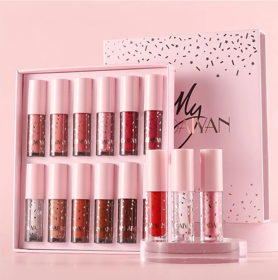 My Handaiyan 12-Color Liquid Lipstick Set – Glittering Matte & Glossy Finish, Highly Pigmented, Waterproof, Smudge-Proof, Long-Lasting 24-Hour Stay, Quick-Drying & Non-Sticky Formula, Nude & Multicolor Shades, Perfect Gift for Women. (2.5ml x 12)