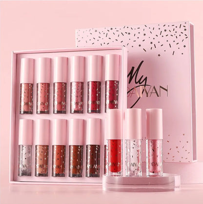 My Handaiyan 12-Color Liquid Lipstick Set – Glittering Matte & Glossy Finish, Highly Pigmented, Waterproof, Smudge-Proof, Long-Lasting 24-Hour Stay, Quick-Drying & Non-Sticky Formula, Nude & Multicolor Shades, Perfect Gift for Women. (2.5ml x 12)