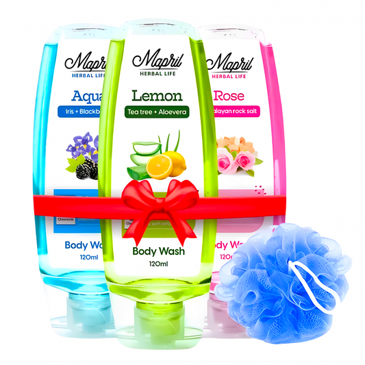 Mapril Premium Body Wash Combo for Women (120 ml Each, Pack of 3) – Enjoy fresh, clean, and glowing skin. Comes with a free loofah. Available in 3 variants: Aqua, Lemon, and Rose. Perfect for daily use!