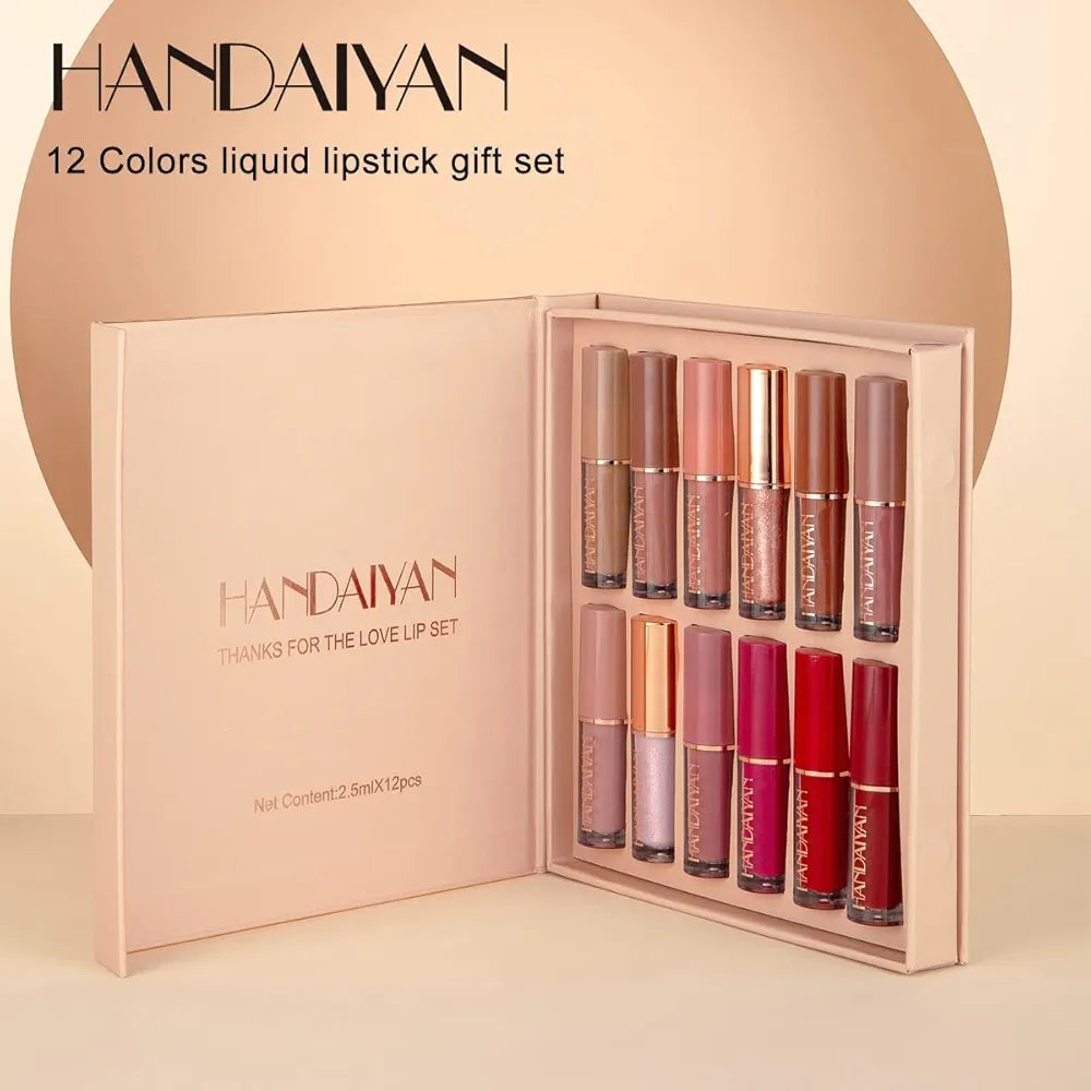 12-Piece Velvet Matte Liquid Lipstick Set with waterproof, long-lasting, non-sticky formula in stunning nude shades. Quick-drying with up to 24-hour stay, ideal for daily use or as a makeup gift for women. (2.5ml X 12)
