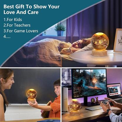 3D Planet Crystal Ball Night Lamp | Solar System LED Light with USB-Powered Glow and Elegant Wooden Base | Unique Home Décor and Perfect Gift for Birthdays, Christmas, Teens, Men, Women, Kids, Boys, and Girls.