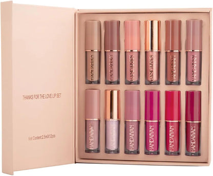 12-Piece Velvet Matte Liquid Lipstick Set with waterproof, long-lasting, non-sticky formula in stunning nude shades. Quick-drying with up to 24-hour stay, ideal for daily use or as a makeup gift for women. (2.5ml X 12)