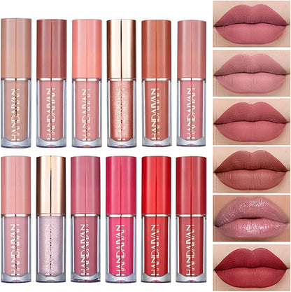 12-Piece Velvet Matte Liquid Lipstick Set with waterproof, long-lasting, non-sticky formula in stunning nude shades. Quick-drying with up to 24-hour stay, ideal for daily use or as a makeup gift for women. (2.5ml X 12)