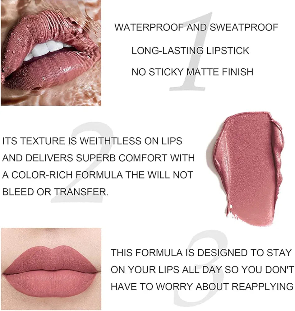 12-Piece Velvet Matte Liquid Lipstick Set with waterproof, long-lasting, non-sticky formula in stunning nude shades. Quick-drying with up to 24-hour stay, ideal for daily use or as a makeup gift for women. (2.5ml X 12)