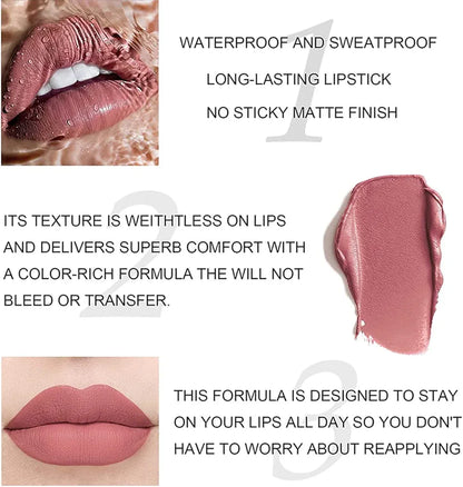 12-Piece Velvet Matte Liquid Lipstick Set with waterproof, long-lasting, non-sticky formula in stunning nude shades. Quick-drying with up to 24-hour stay, ideal for daily use or as a makeup gift for women. (2.5ml X 12)