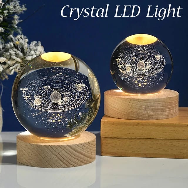 3D Planet Crystal Ball Night Lamp | Solar System LED Light with USB-Powered Glow and Elegant Wooden Base | Unique Home Décor and Perfect Gift for Birthdays, Christmas, Teens, Men, Women, Kids, Boys, and Girls.