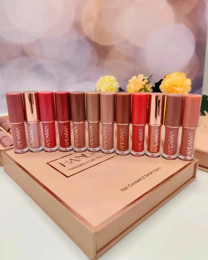 12-Piece Velvet Matte Liquid Lipstick Set with waterproof, long-lasting, non-sticky formula in stunning nude shades. Quick-drying with up to 24-hour stay, ideal for daily use or as a makeup gift for women. (2.5ml X 12)
