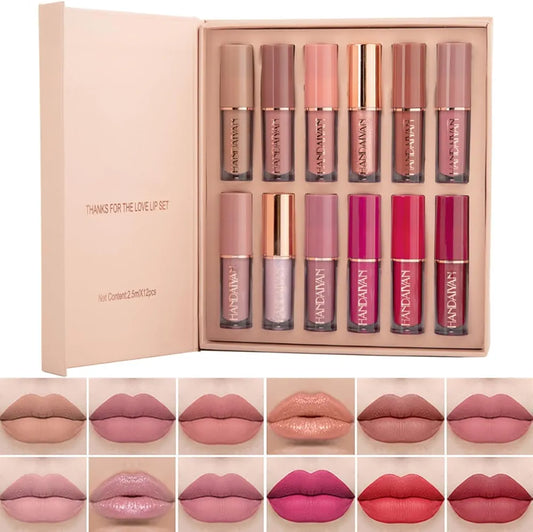 12-Piece Velvet Matte Liquid Lipstick Set with waterproof, long-lasting, non-sticky formula in stunning nude shades. Quick-drying with up to 24-hour stay, ideal for daily use or as a makeup gift for women. (2.5ml X 12)