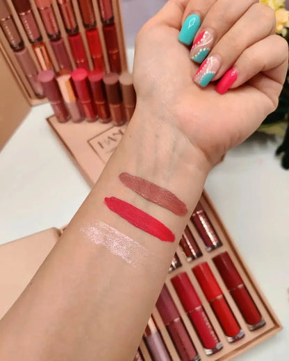 12-Piece Velvet Matte Liquid Lipstick Set with waterproof, long-lasting, non-sticky formula in stunning nude shades. Quick-drying with up to 24-hour stay, ideal for daily use or as a makeup gift for women. (2.5ml X 12)